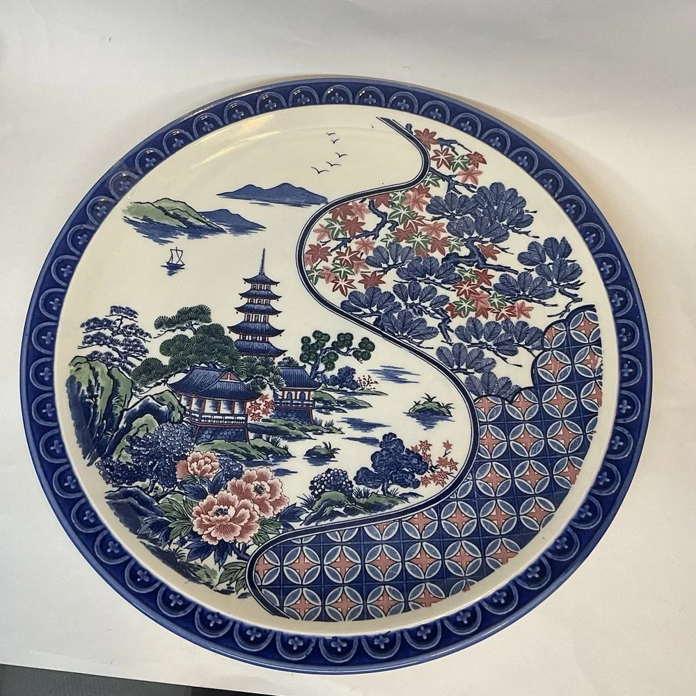 UCGC Japan Mid-Century ChinoiserieTransferware Pagoda Platter Oriental Garden 15